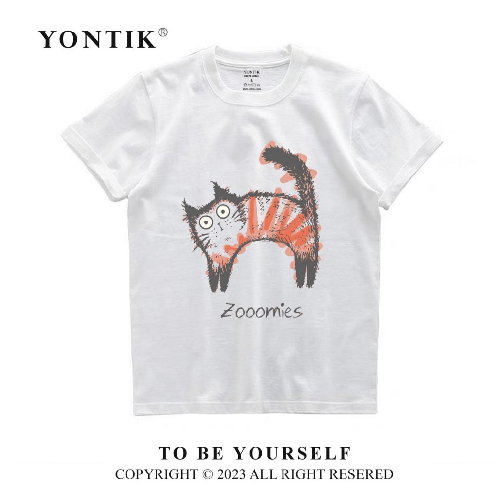Yontik Kaos Distro 100 % Original Branded Murah Motif " Kucing ZOOMies " Katun 24S Putih Unisex Cowo