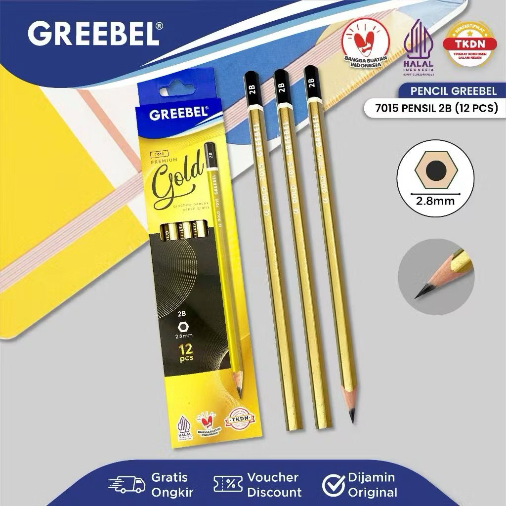 

12 Pcs - GREEBEL Pensil kayu 2B 7015 Gold