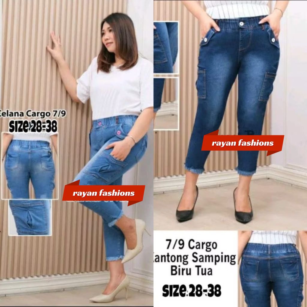 28-42 NEW VANIA JEANS CARGO 7/9 PINGGANG KARET VARIASI KANCING, BAWAH RAWIS