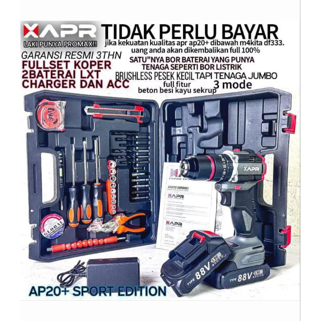 APR AP20 + BOR CORDLESS BATRAI BRUSHLESS 13 MM 2 BATRAI KOPER FULL ACCESSORIES