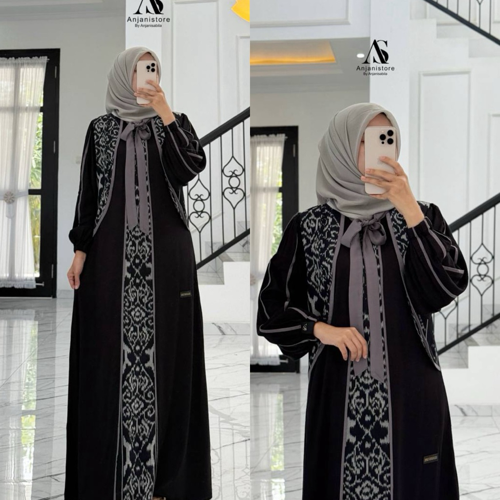 Gamis Dress hitam Etnik Bahan twill uniqlo mix etnik original by Anjanistore