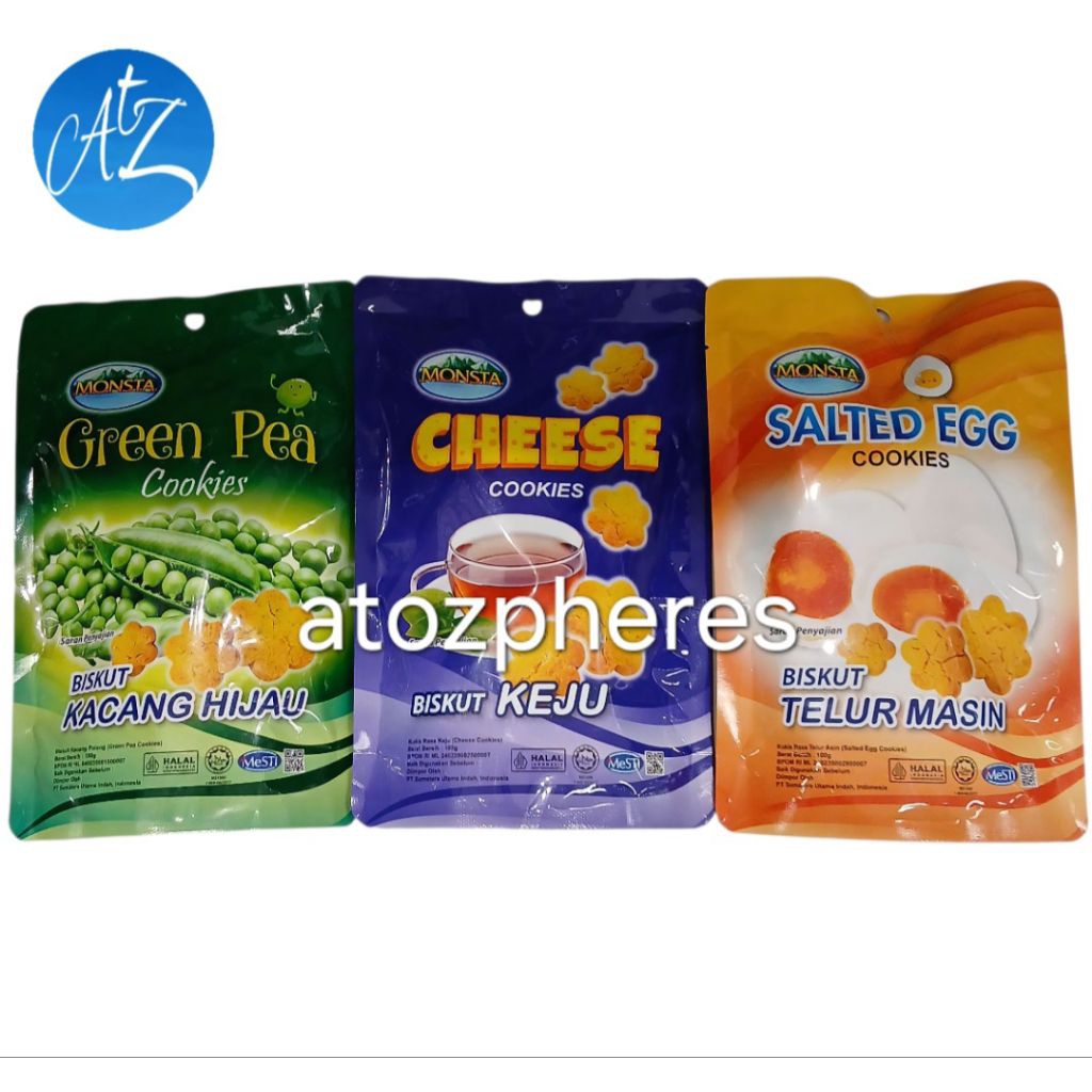 

Biskuit kukis rasa keju telur asin masin kacang polong hijau halal MUI MONSTA CHEESE SALTED EGG GREEN PEA COOKIES 100g