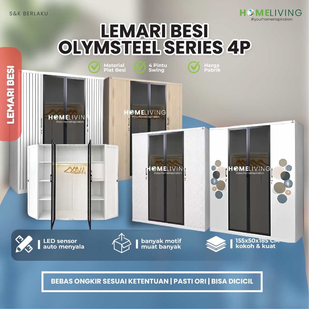 HOMELIVING - LEMARI PAKAIAN BESI 4 PINTU - LEMARI BAJU BESI 4 PINTU