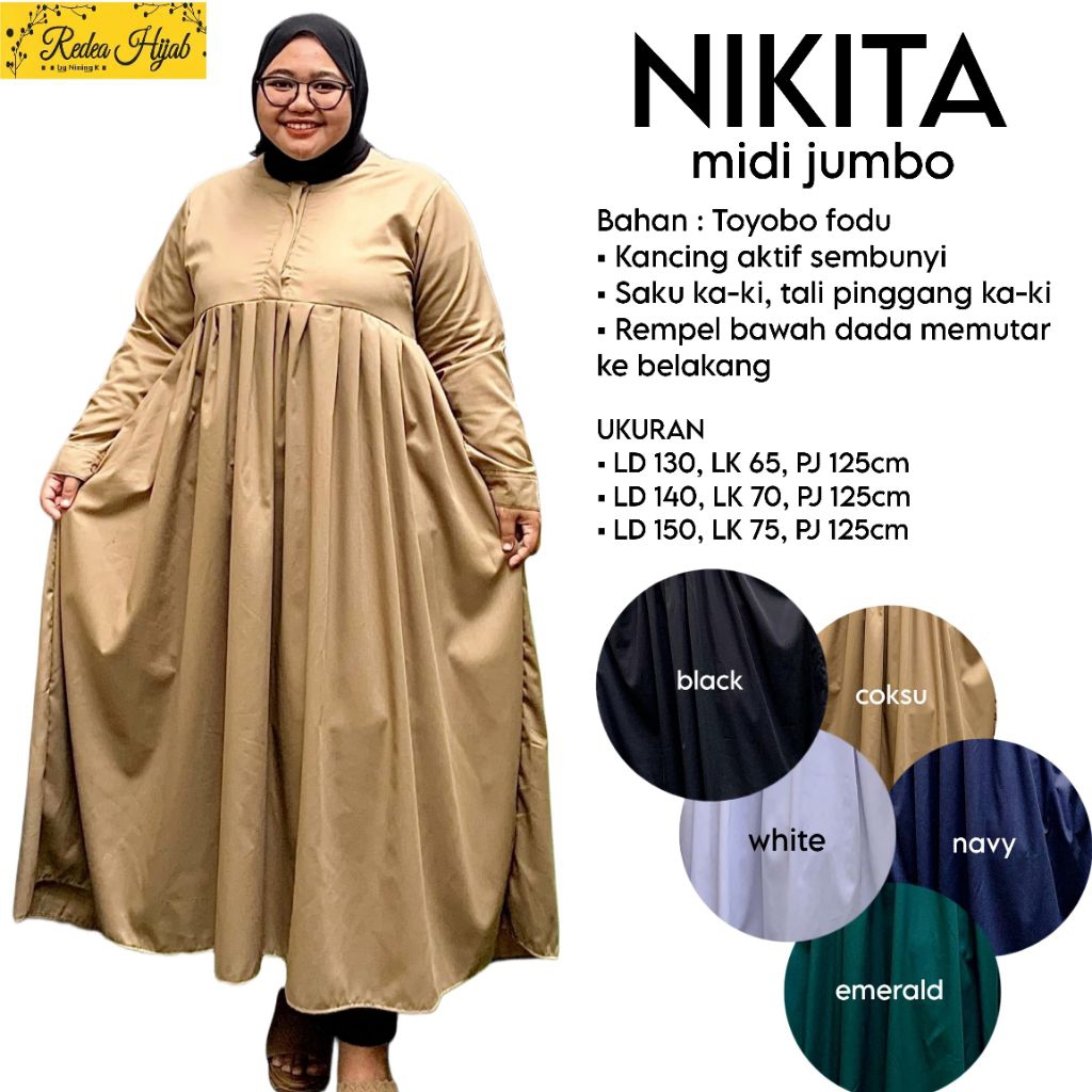 Dress Polos Nikita Jumbo Midi Motif Polos Busui Friendly Bahan Toyobo Fodu LD130 140 150 By Redea