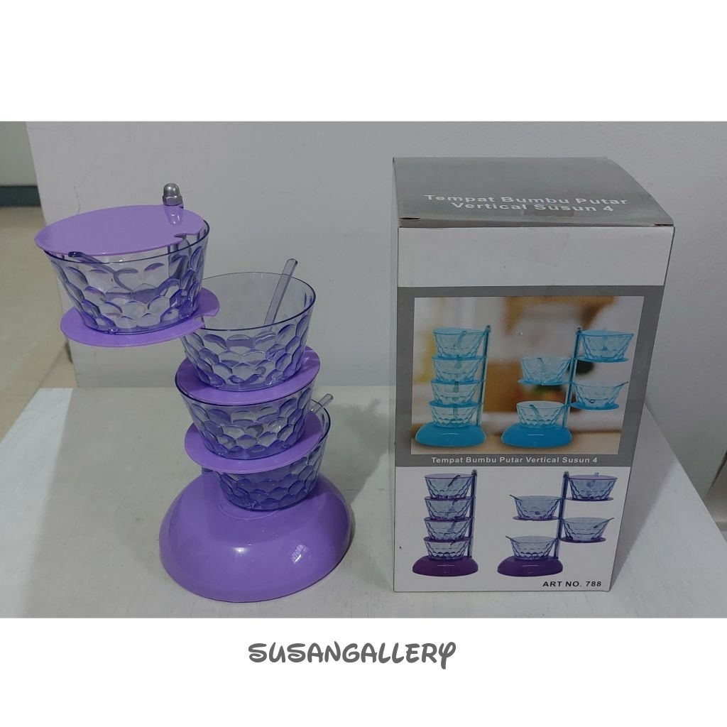 Tempat Rak Bumbu Dapur Putar Susun 4 Bahan Crystal Acrylic