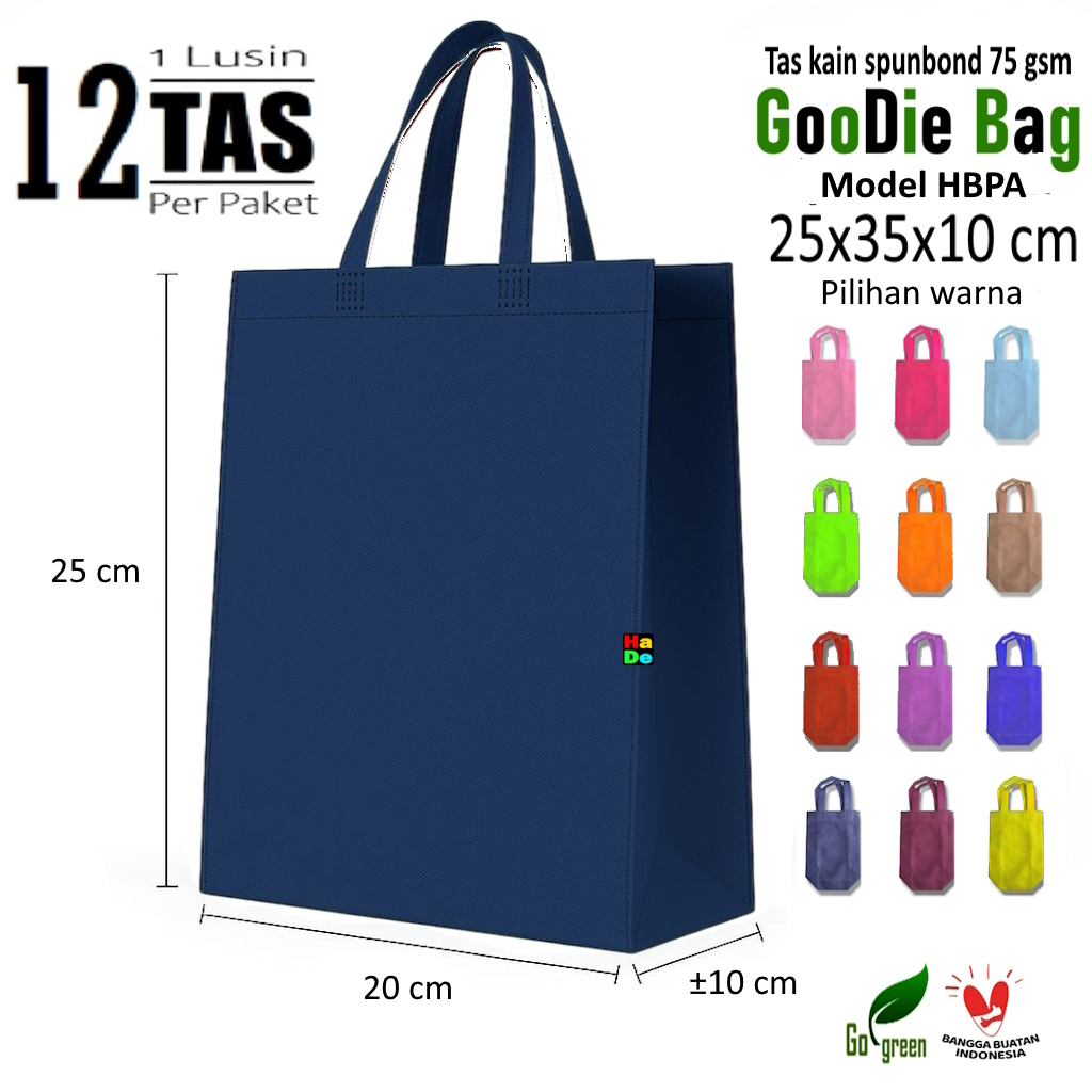 1 Lusin isi 12 Tas Kain Spunbond Kotak / Handle Box Goodie Bag Polos Ukuran M= 25x30x10 Kantong Bela