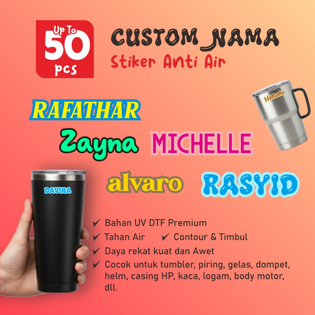 

Stiker CUSTOM NAMA Anti Air | Sticker Nama Tumbler Gelas Piring | Stiker UV DTF | Sticker UV Timbul