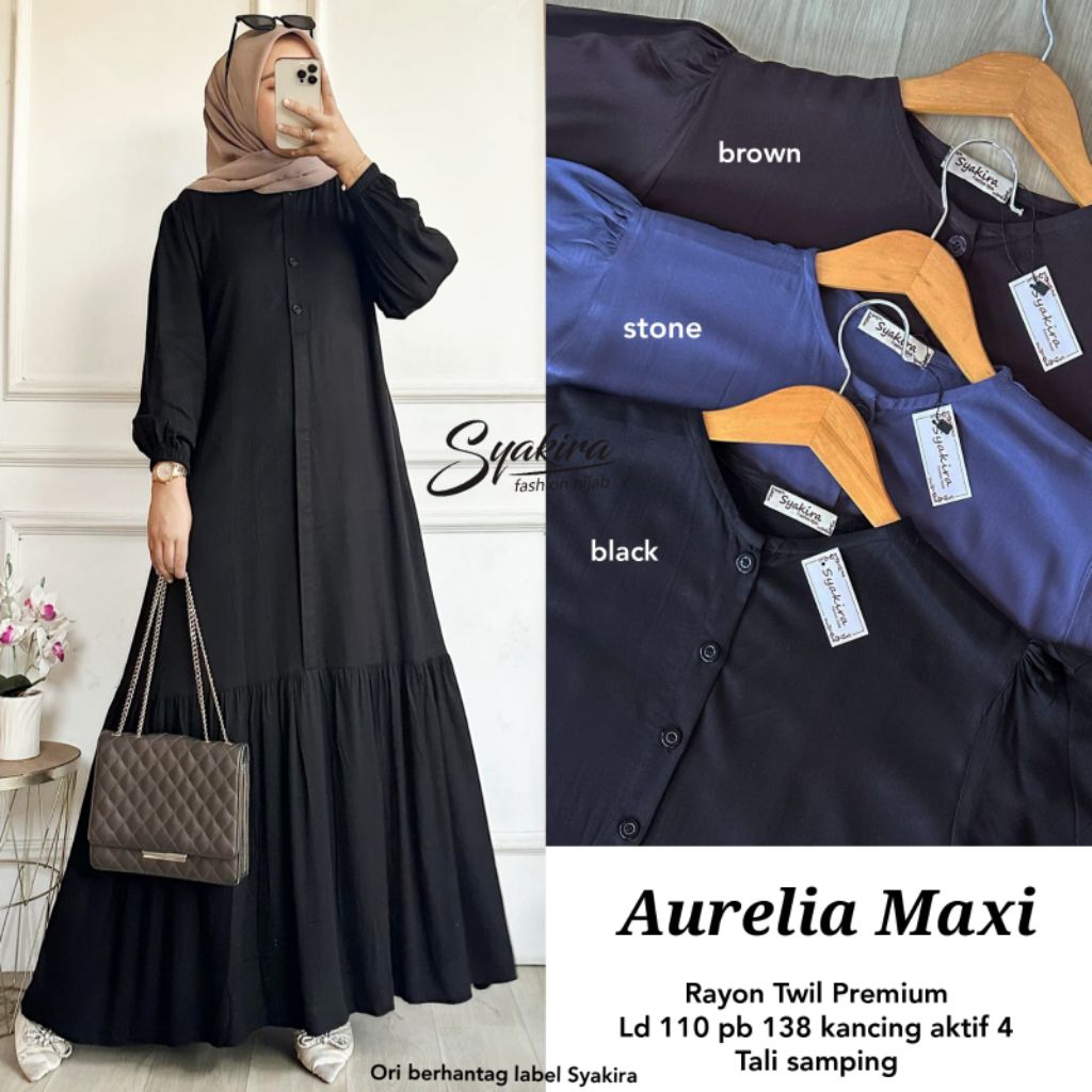 Aurelia Maxi by Syakira - dress wanita premium - rayon polos twill premium kancing depan super styli