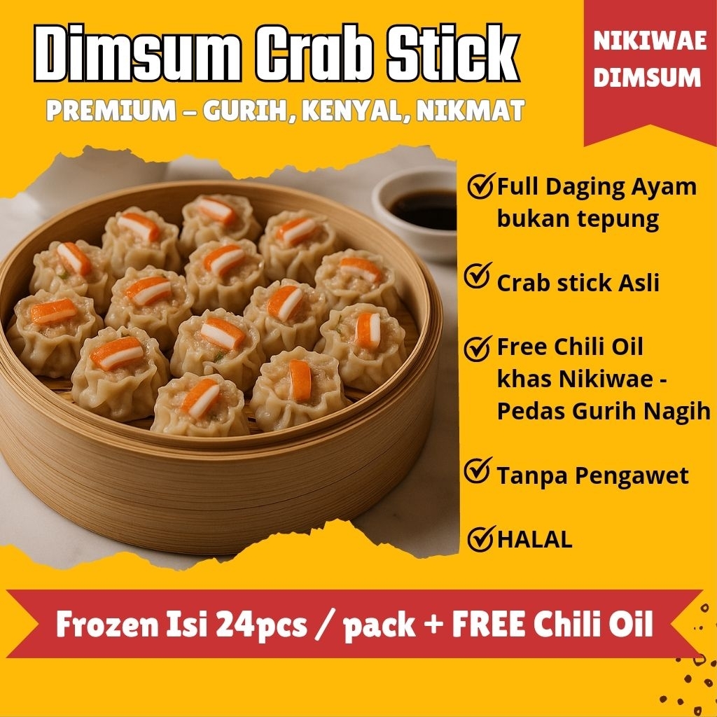 

Dimsum Crab Stick Frozen Isi 24 pcs + Free Chili Oil | Full Daging Ayam & Topping Crab Stick HALAL | Tanpa Pengawet‎
