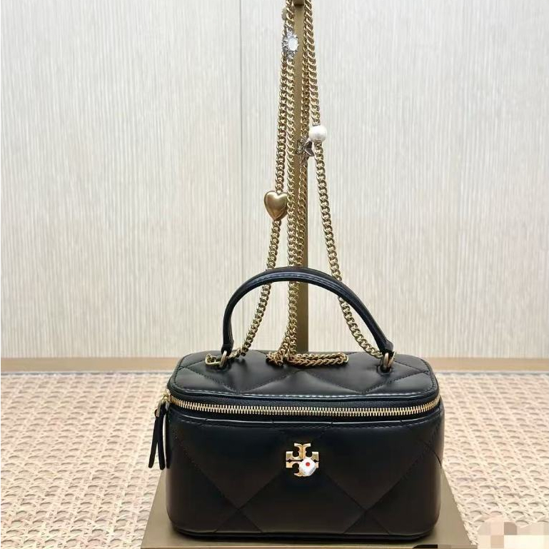 PO Tas Selempang Bahu Wanita Warna Hitam Elegan Model Kotak dengan Tali Rantai dan Resleting Ganda C