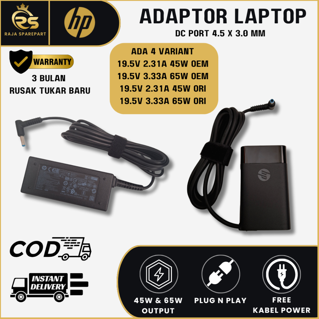 Charger Laptop HP Original Blue Pin 45W 65W Untuk Chromebook, EliteBook, ENVY, ProBook, Pavilion