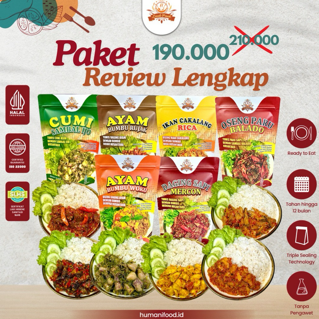 

Paket Review Lengkap (Cumi sambal ijo, Daging Mercon, Cakalang Rica, Paru Balado, Ayam Woku, Ayam Bumbu Rujak