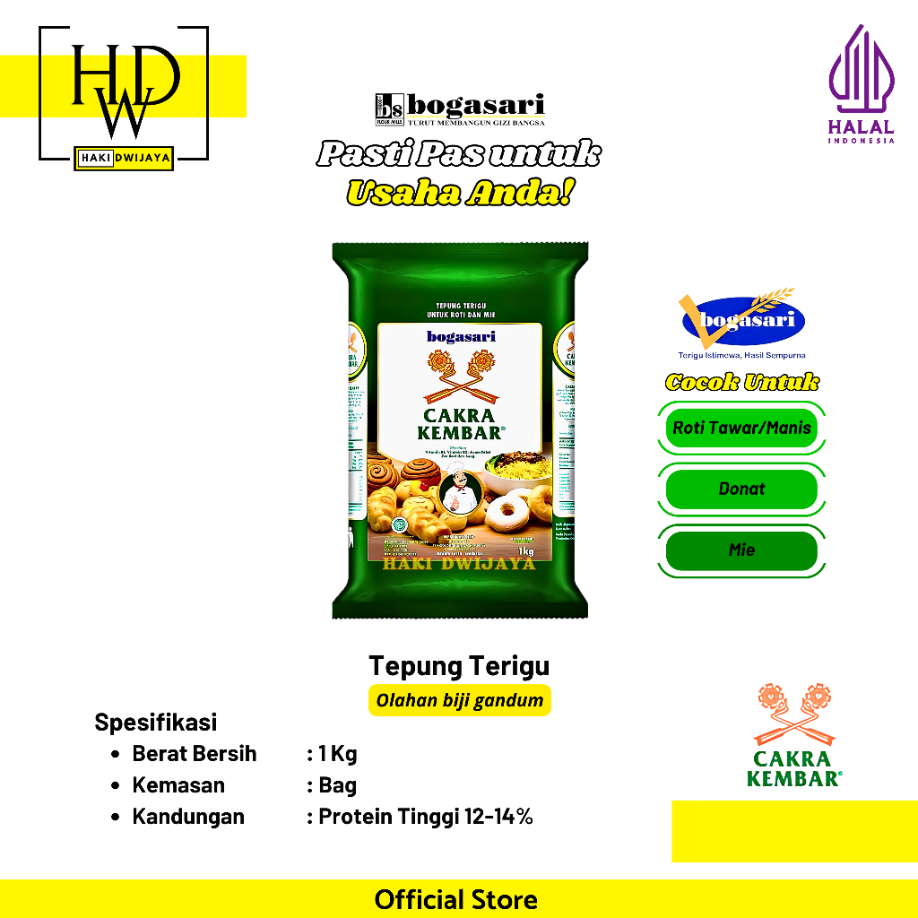 

[1kg] Bogasari Cakra Kembar Tepung Terigu Premium Protein Tinggi Pilihan Tepat untuk Roti, Donat & Mie