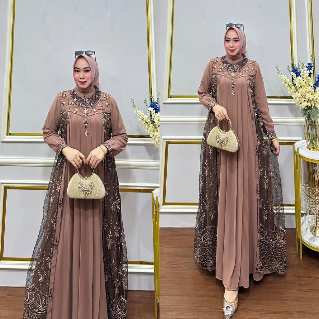 Arnita Dress Gamis Kondangan Mewah Terbaru Gamis Kasual Wanita Bahan Ceruty Babydoll Mix Brukat 2026