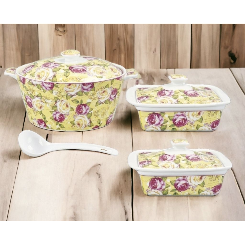 Prasmanan Ivana Sa88 Mawar, set 3 wadah saji VICENZA, dengan 2 mangkok saji 1300 ml dan 1 mangkuk sa