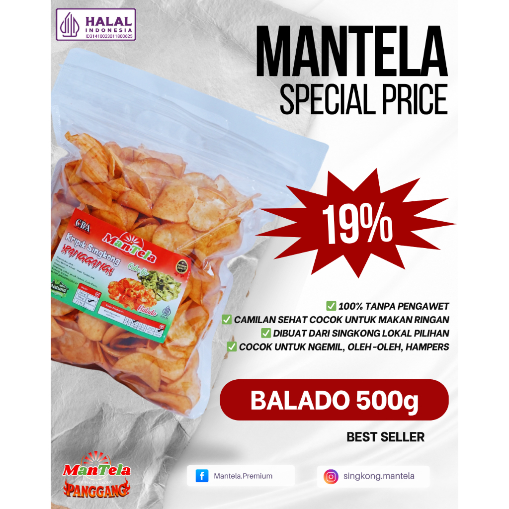 

Keripik Singkong Panggang Premium Mantela 500g - Rasa Balado