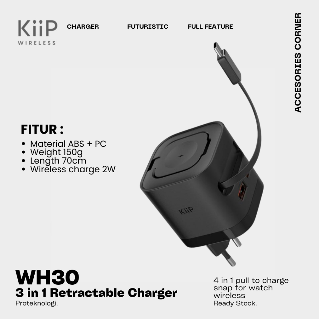 KiiP WH30 3 in 1 35W GaN Charger Retractable Cable Watch Charging Magnetic Wireless