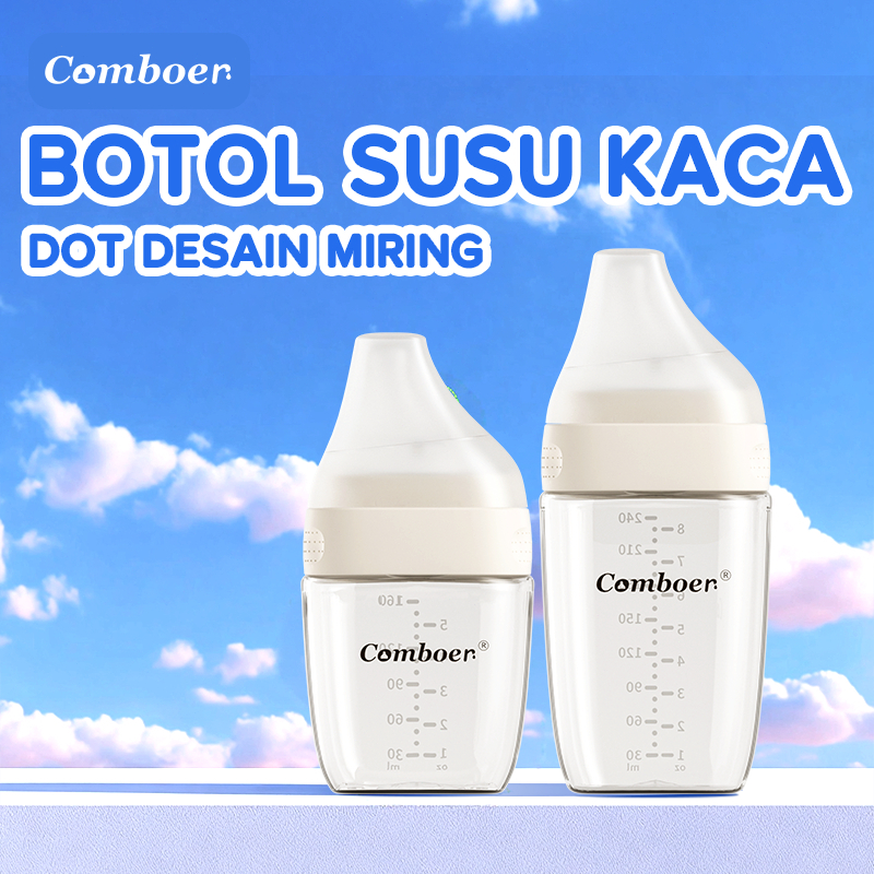 Comboer botol Susu Kaca Bening 160ml/240ml Dot Miring botol susu bayi  Dot Desain Miring botol susu 