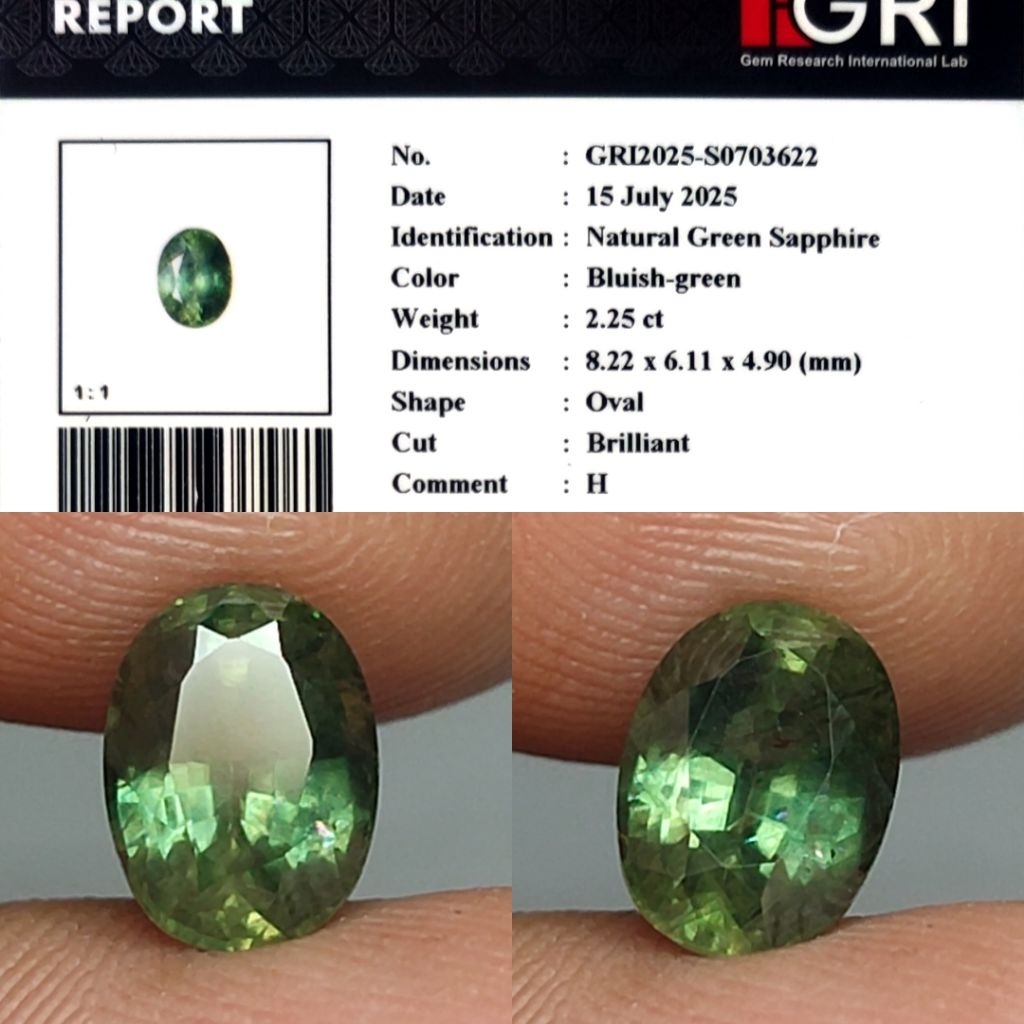 Natural Green Sapphire Bluish Green Sapphire Fancy Sapphire 2.2ct GRI Crystall Full Luster Gemericik