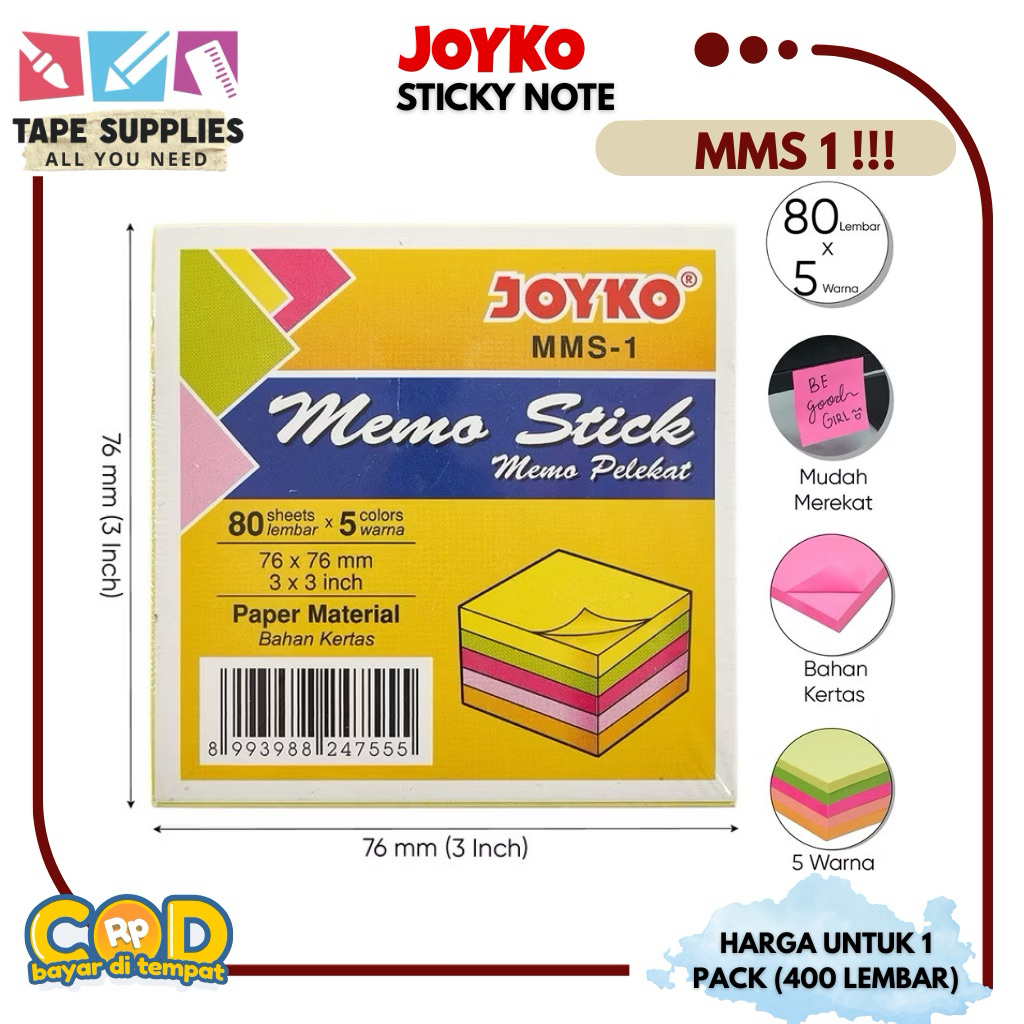 

(400 LEMBAR) Kertas Memo Stick Tempel 5 Warna JOYKO MMS-1 Mix Color Sticky Note (7.6x7.6 Cm)