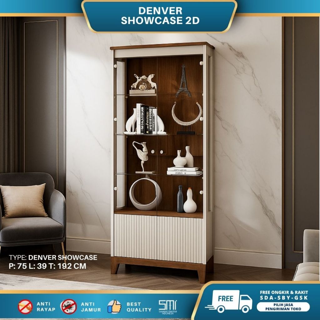 Denver Showcase 2D / Lemari Hias 2 Pintu / Lemari Pajangan Elegan / Almari Dinding Minimalis