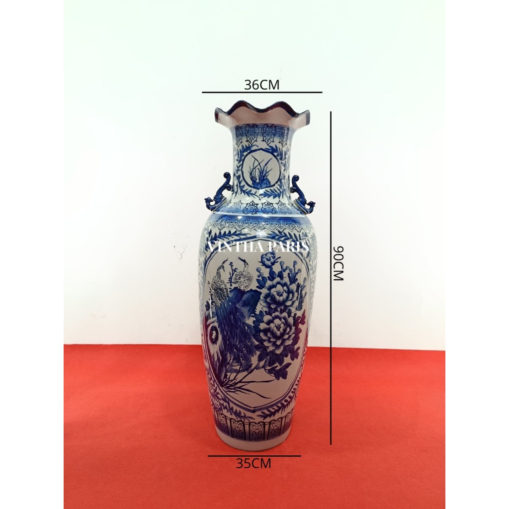 Guci Keramik Biru Putih - Tinggi 90 cm, 110 cm, 120 cm & 130 cm - Pajangan Mewah Interior Rumah - GR