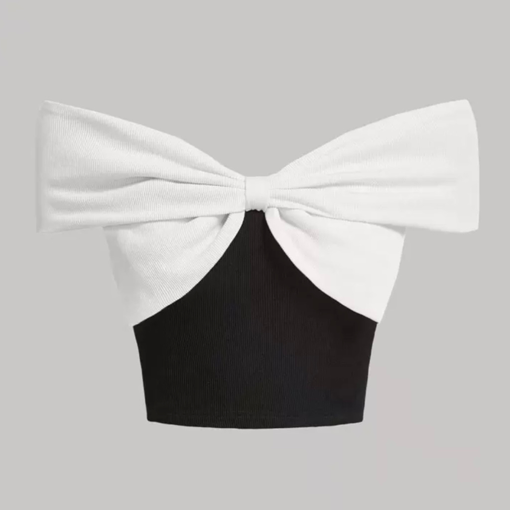 Two tone off shoulder bow front crop tee