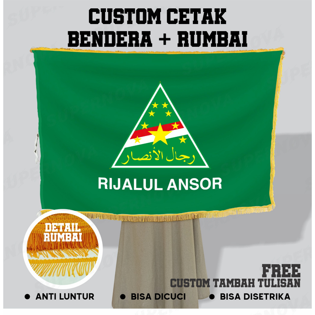 bendera pataka organisasi Rijalul Ansor NU bolak balik 2 sisi plus renda rumbai jumbo