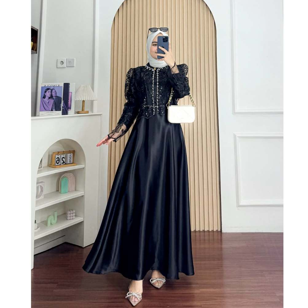 Gamis Satin Elegan Hitam - Cocok Untuk Pesta, Wisuda, Atau Acara Spesial