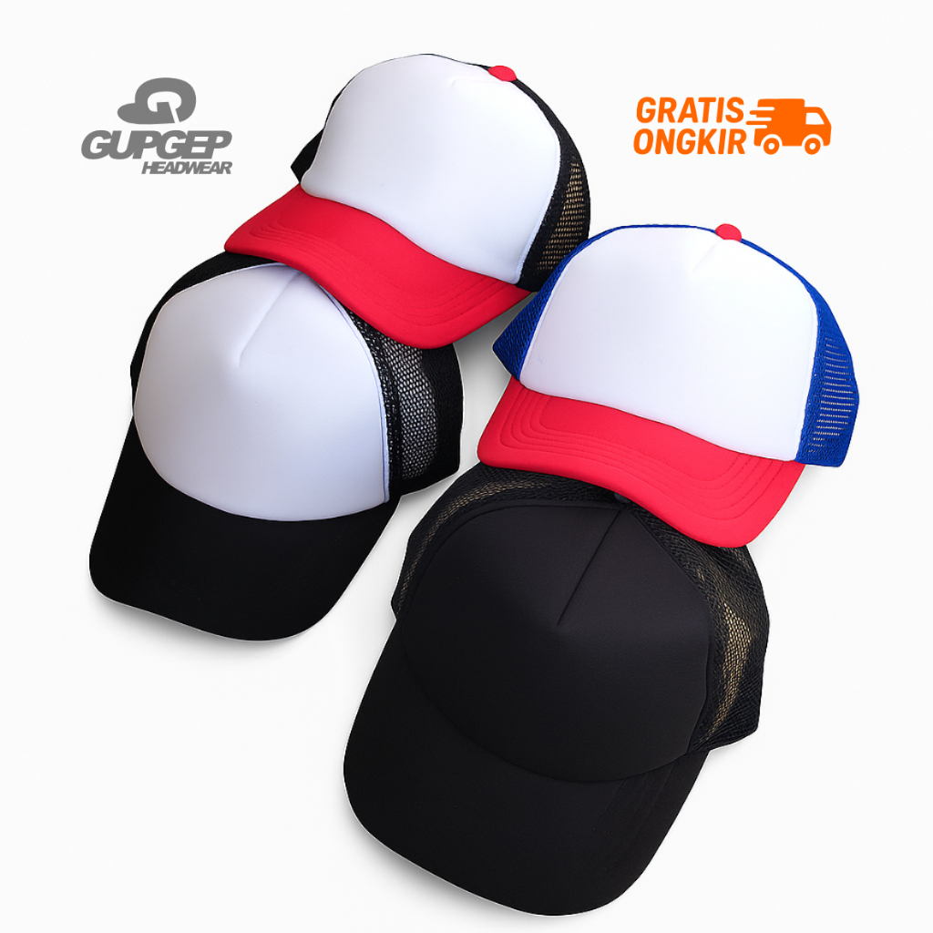 Grosir Topi Jaring Polos Trucker Hat Bahan Media Sablon & Bordir Custom Satuan
