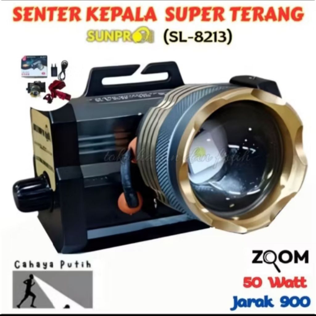 sl-8213 senter kepala zoom 50watt sunpro cahaya putih + adaptor cass super terang