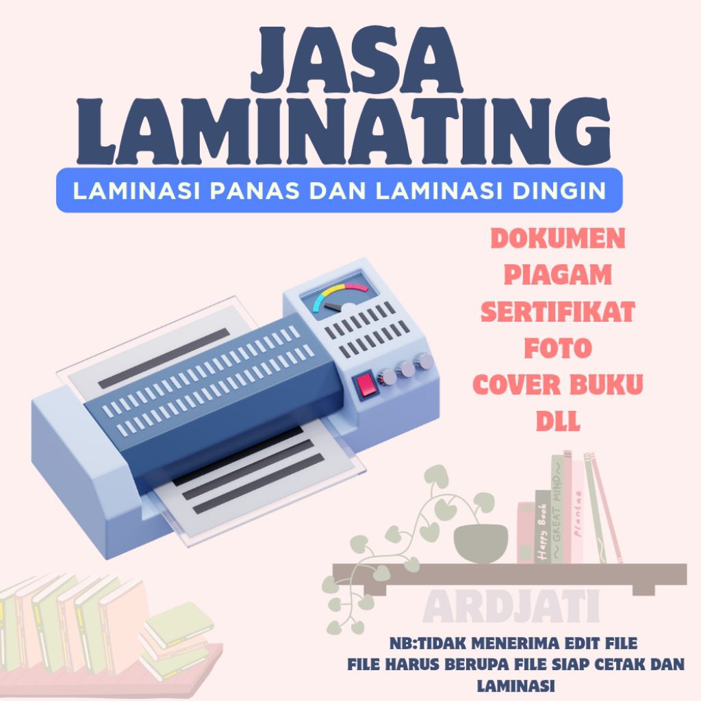 

Laminating Panas/Dingin Dokumen PIAGAM SERTIFIKAT COVER BUKU FOTO A5/A4 (belum termasuk cetak)