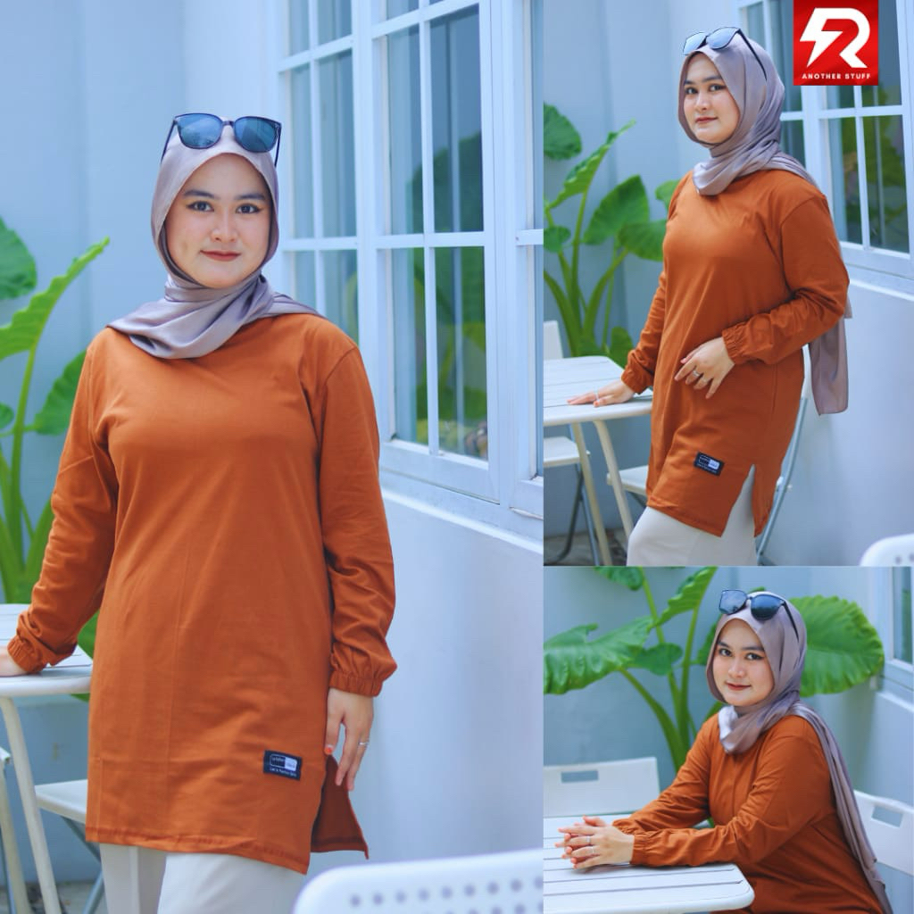 kaos tunik atasan wanita lengan panjang motif polos kekinian bahan katun combed 24s