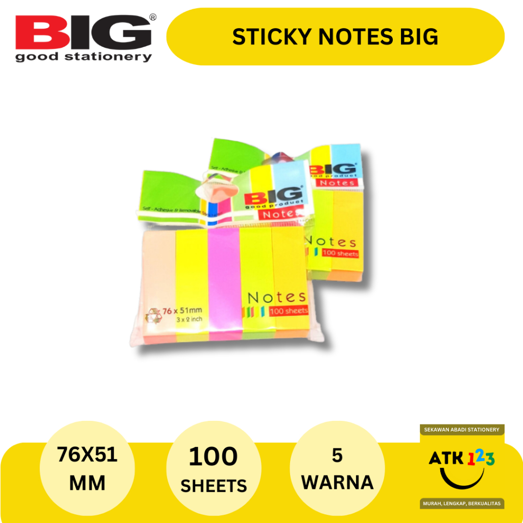 

BIG Post It / Sticky Note / Sign Here Merk BIG Ukuran 76x51mm Warna Warni (1 set - 5 Warna)