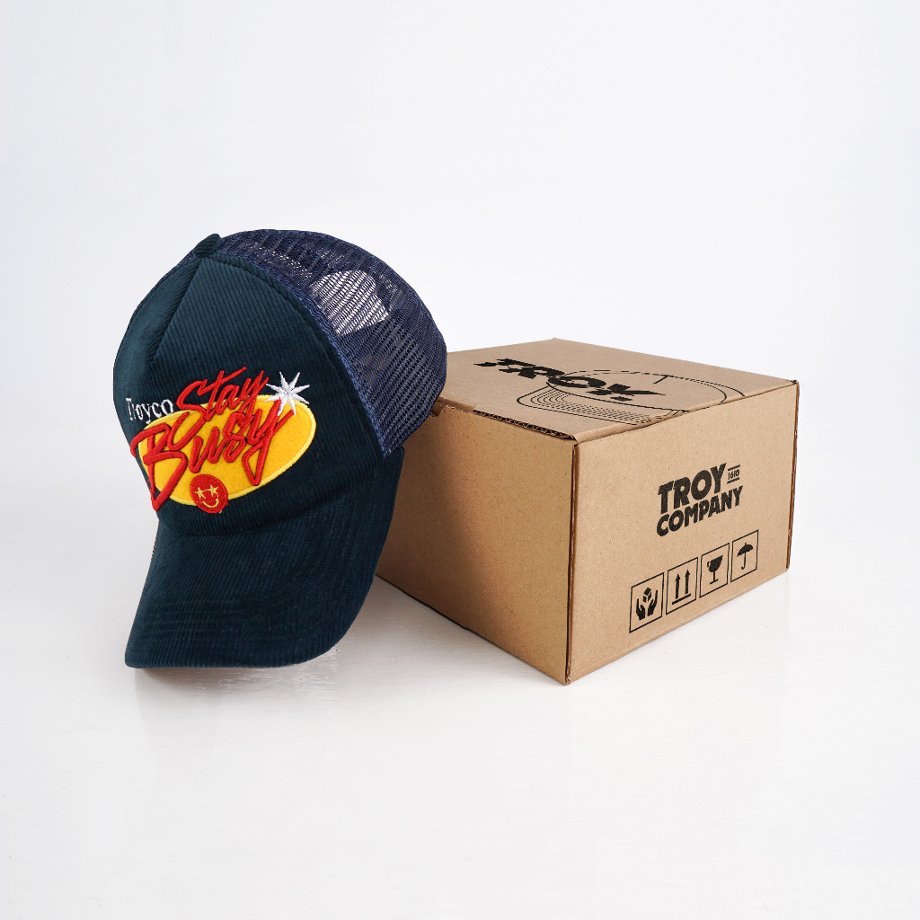 [FREE BOX] Troy Company Trucker Hat Smile Busy - Topi Trucker Navy Corduroy TCN 3192