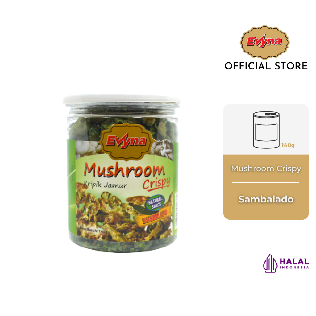 

Evyna Mushroom Crispy / Keripik Jamur Krispi Rasa Sambalado Botol PET CAN 140 gram
