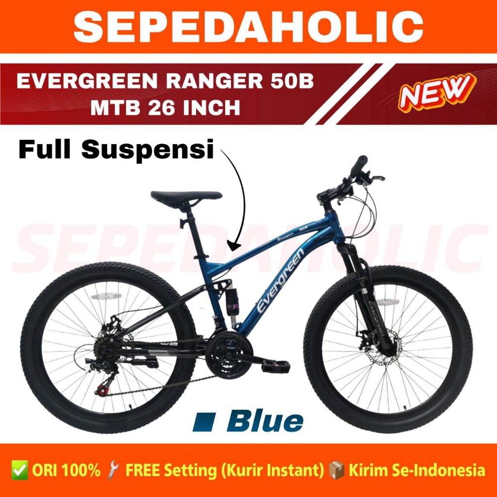 Sepeda Gunung MTB EVERGREEN RANGER 55J 50B Ukuran 26 27.5 Inch 21 Speed Full Suspensi Rem Cakram Dew