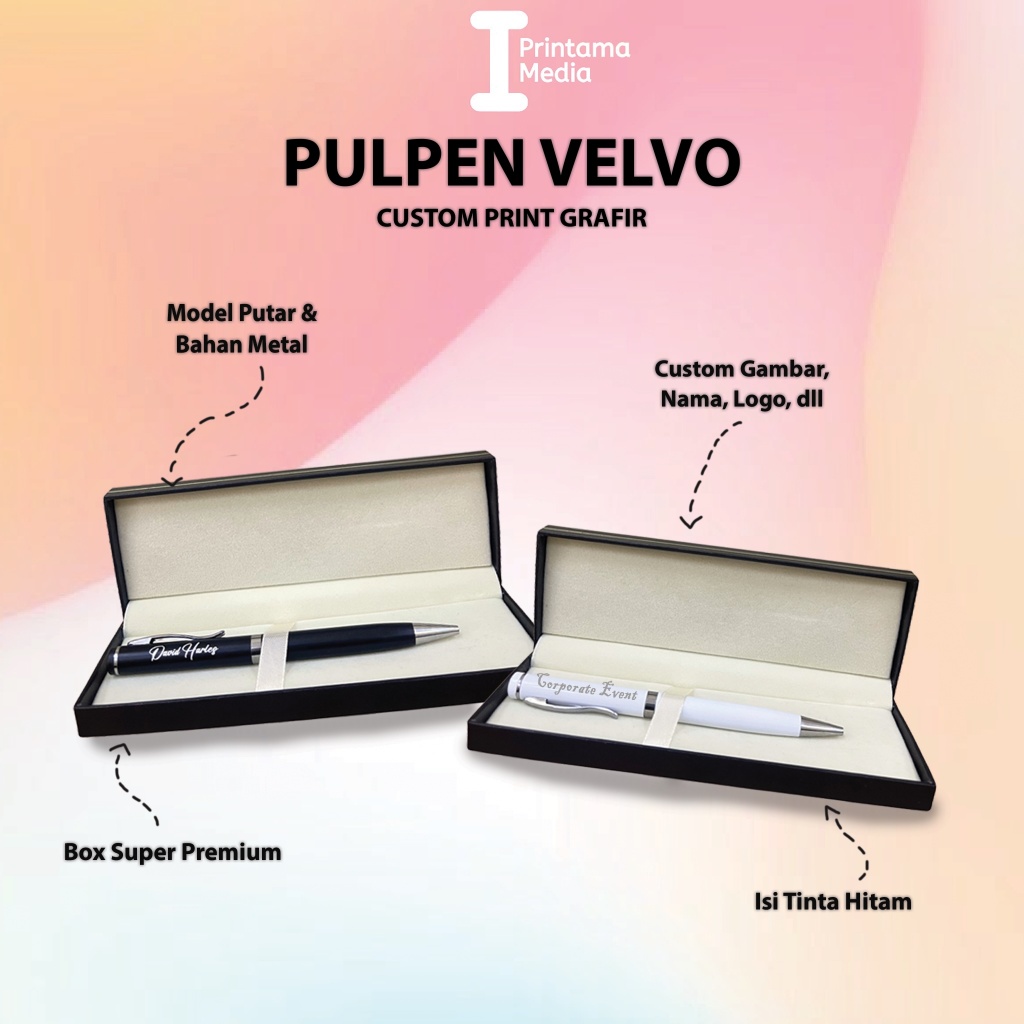 

Custom Pulpen / Pena Velvo Souvenir Promosi Metal Putar Cetak Laser Grafir
