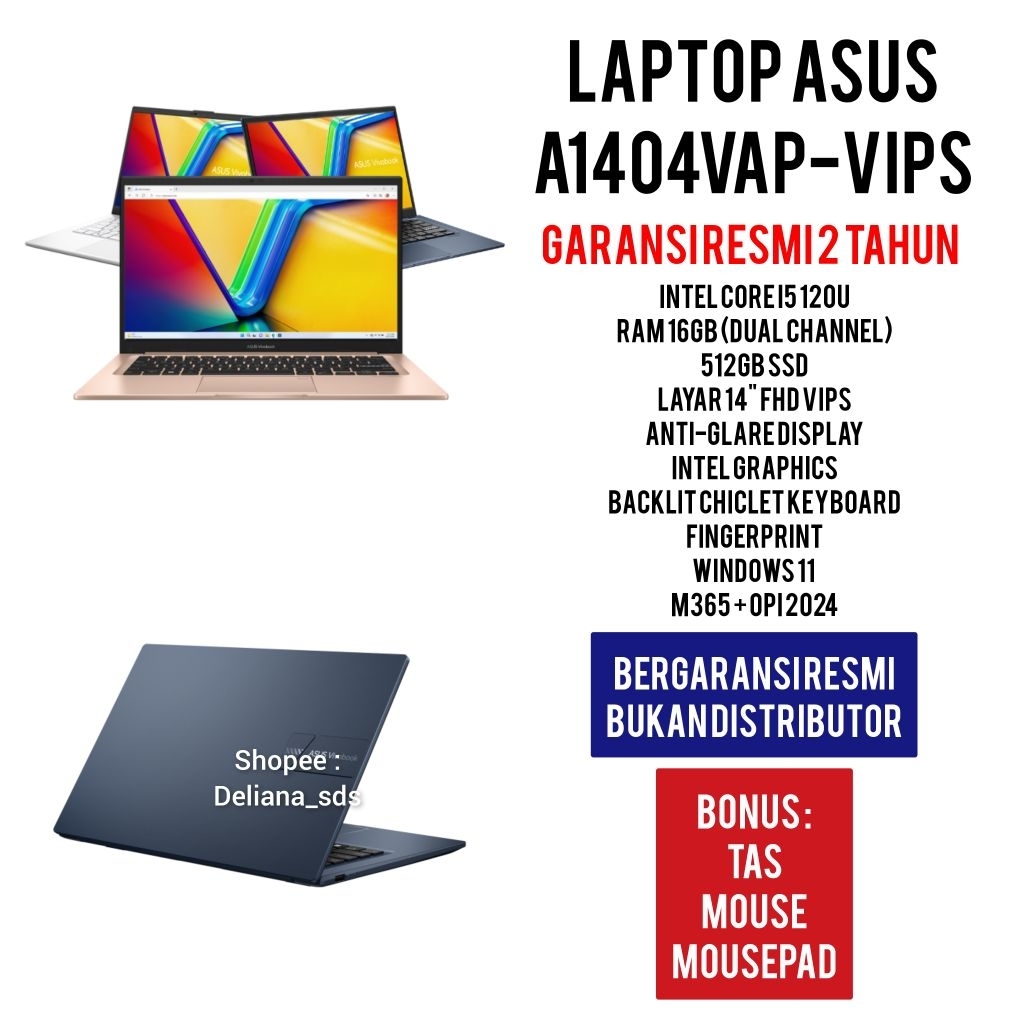 Laptop Asus Vivobook 14 A1404VAP VIPS Intel Core i5 120U 16GB/512GB SSD 14" FHD VIPS Garansi Resmi 2