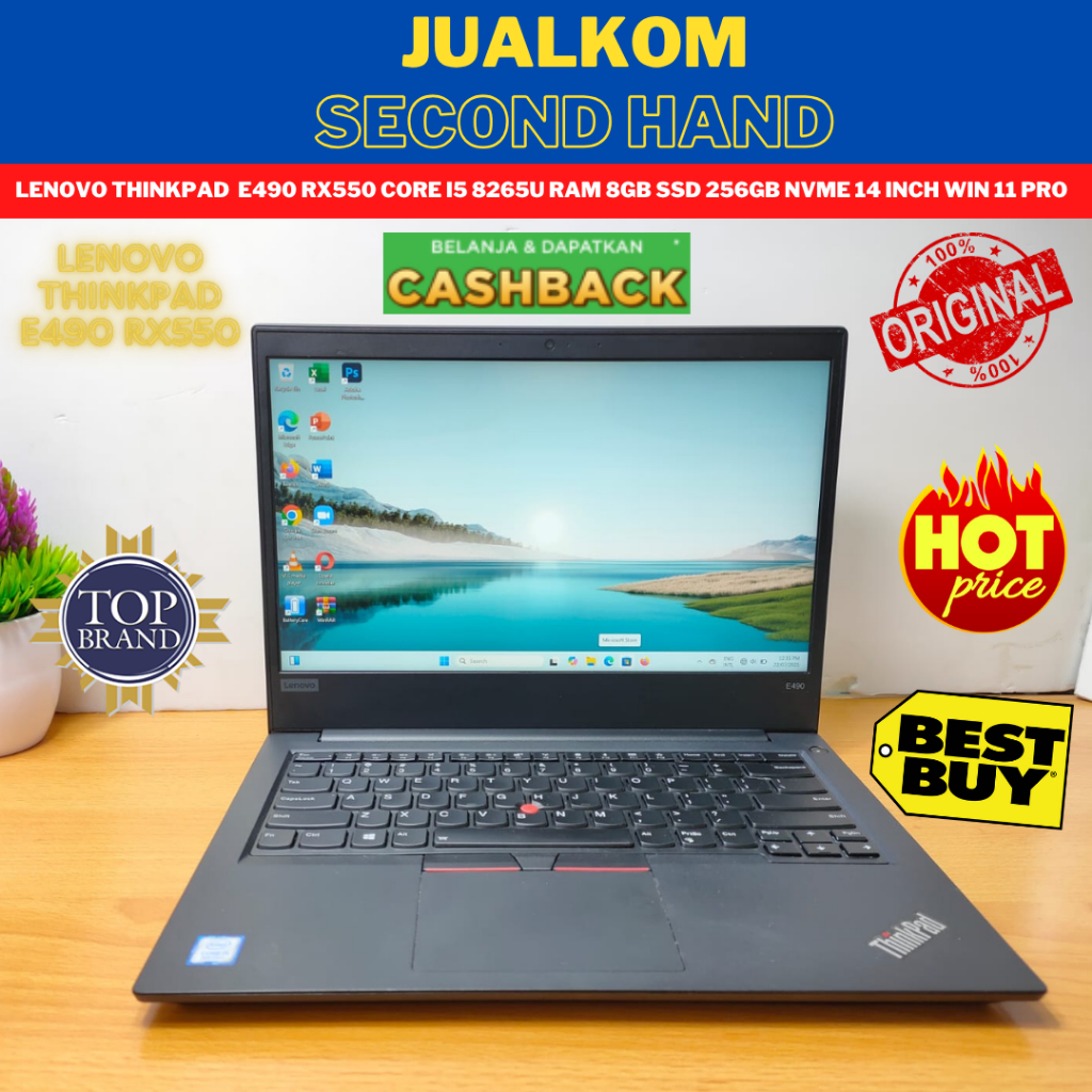 Laptop Gaming Bekas Laptop Second Lenovo E490 RX550 Core i5 8265U RAM 32GB SSD 1TB NVMe 14 Inch Wind