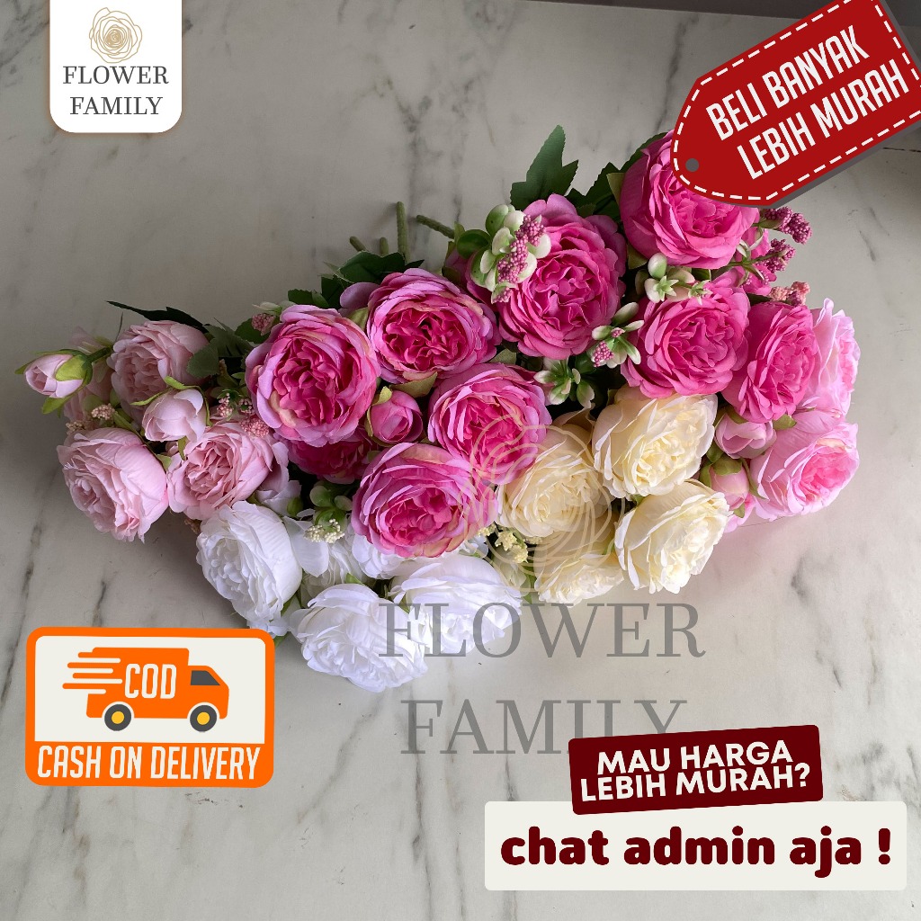 Flower Family - [5 Cabang] Bunga Peony Duchess / Bunga Palsu Peony / Bunga Plastik Peony Premium