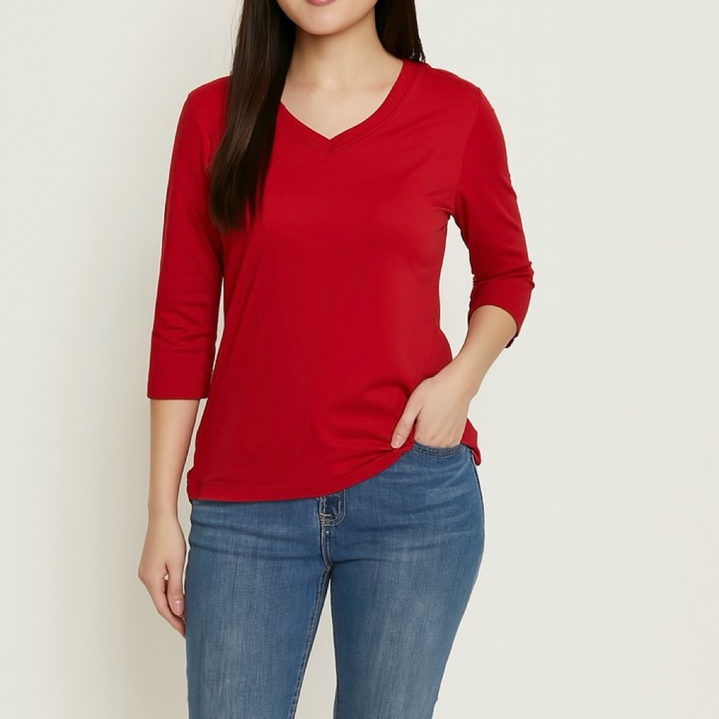 KAOS SPANDEK POLOS LENGAN 3/4 WANITA / ATASAN KAOS POLOS VNECK