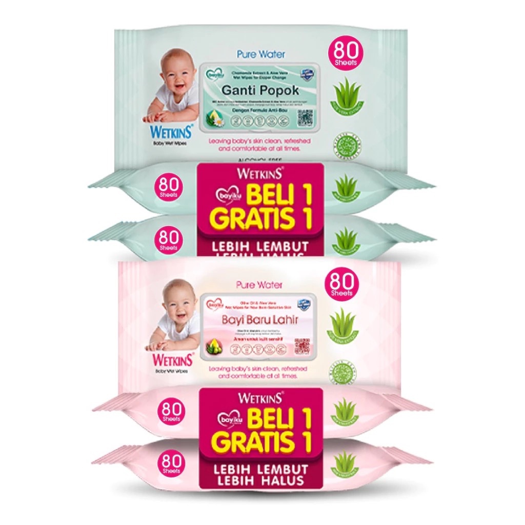 Makassar  Wetkins Pure Water Baby Wipes Ganti Popok | Baru Lahir 80s x 2 Pak ( 160 lbr ) Beli 1 Grat