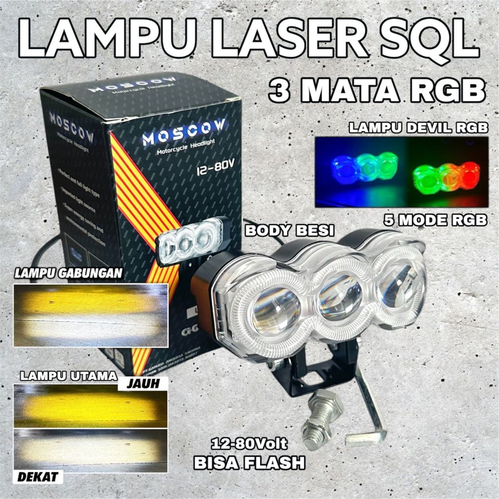 Lampu LED Sorot 3 Mata 40W Waterproof Full Besi DC 12V-80V Bisa Devil Flash Piw Piw Standby MOTOR MO
