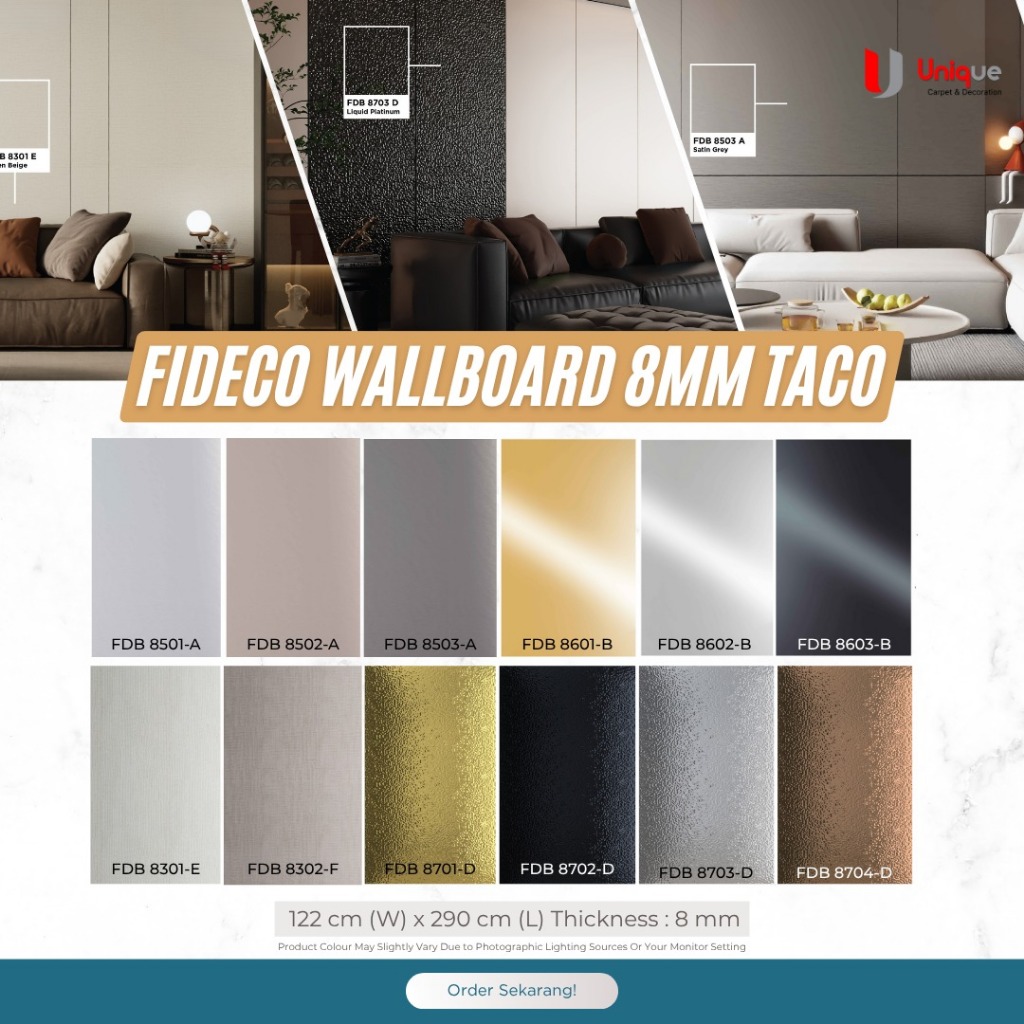 TACO Fideco 2D Wall Board Fabric, Metal, Mirror, Liquid Series Tebal 8mm Ukuran 122cm x 290cm per Le