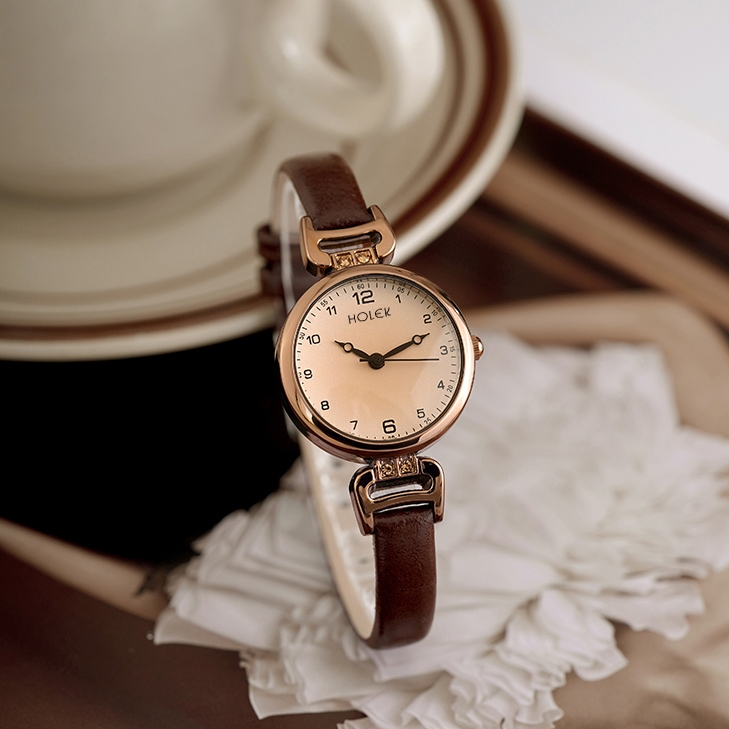 HOLEK 5266 Jam Tangan Wanita Temperamen Dial Kecil Sabuk Coklat Jam Tangan Wanita Kuarsa Digital
