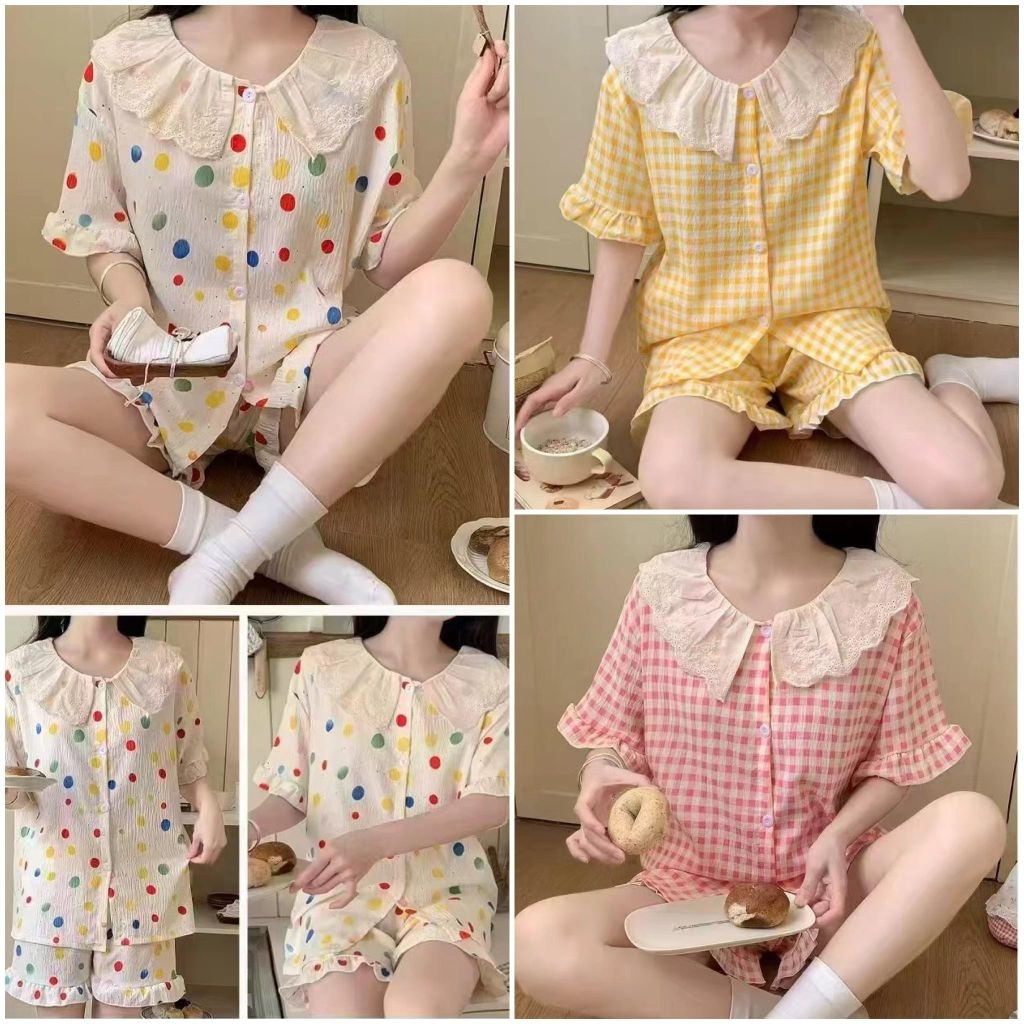 Piyama Kerah Renda Premium Wanita Import / Setelan Baju Tidur Kerah Renda Wanita Lengan Pendek