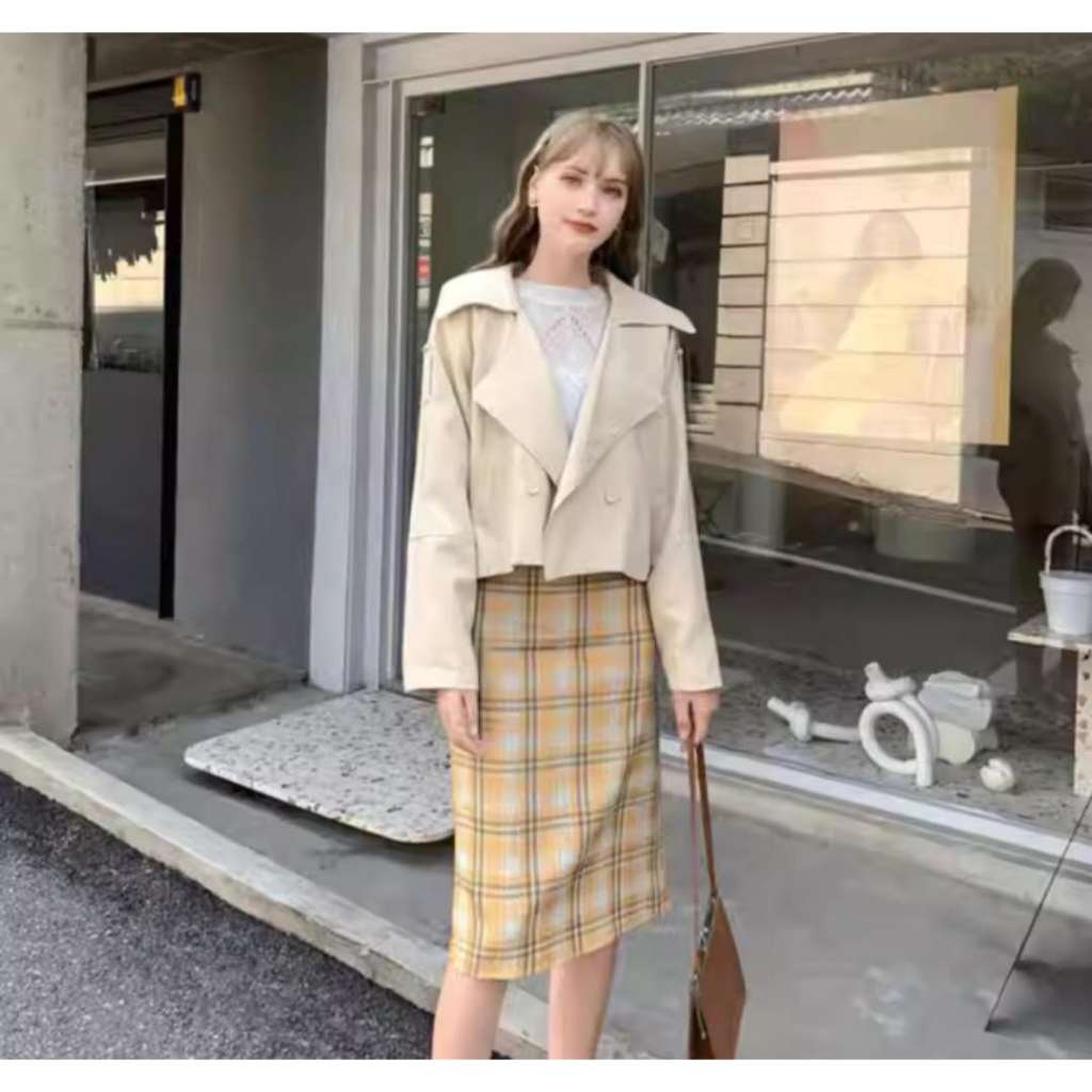 Rok Pensil Motif Kotak Warna Kuning Gaya Retro