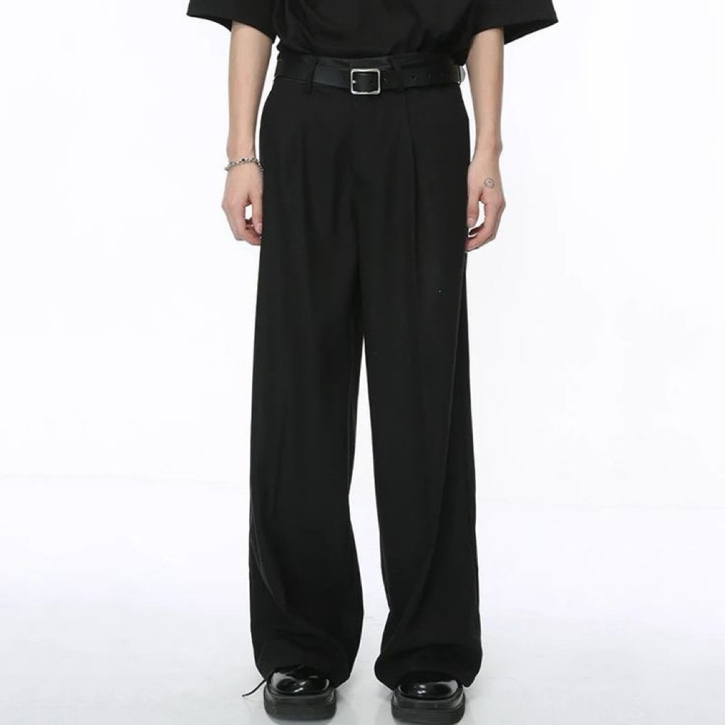 Pria Formal Wide Celana Formal Pria Wide Pants Hitam dengan Pinggang Karet Nyaman Wide Pants Black P