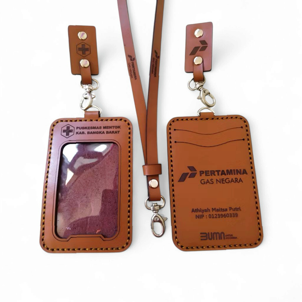 

Id Card Holder Lanyard Kulit Sapi Asli Gratis Custom Desain & Gravir